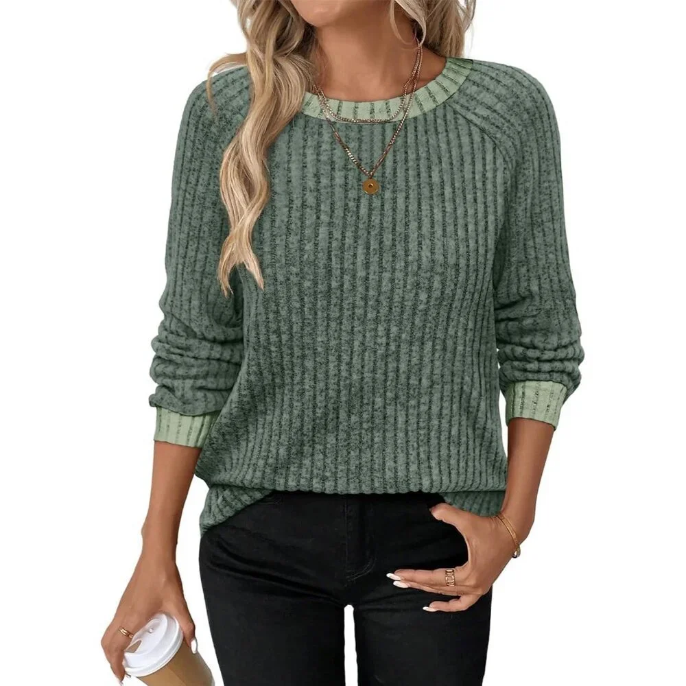 Women's Green Color Block Long Sleeve Shirt Lightweight Sweater Fall 2025 - Picture 2 of 5
